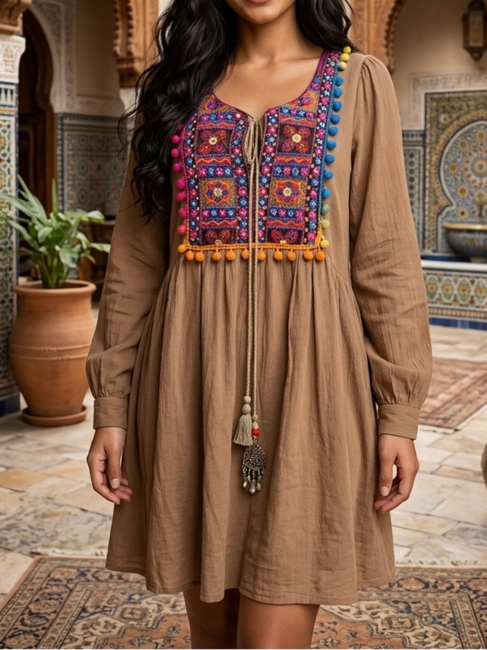 Velzera Embroidered Boho Mini Dress in Taupe with Multicolor Accents large